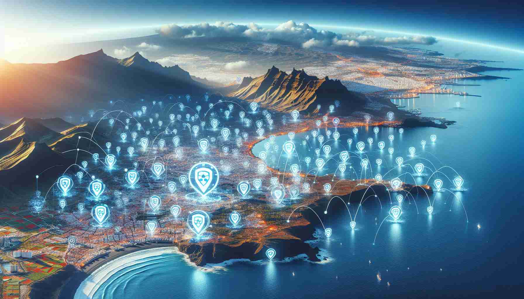 An ultra high-definition, realistic image representing the expansion of a security service company, referred to here as 'Secure Direct', in the scenic region of Tenerife. This should show a map of Tenerife dotted with symbols representing the company's branches, possibly against a backdrop of Tenerife's stunning landscape, coastlines, and cityscapes. This could also include charts or graphics to indicate this growth visually.