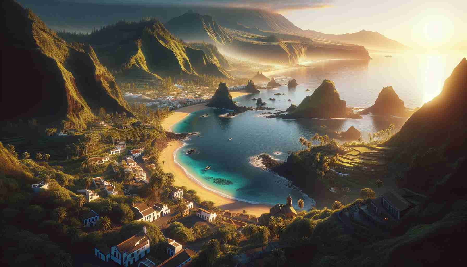 High-definition, realistic image showing the hidden beauties of the Canary Islands. This image should capture the majestic views found within the islands including stunning beaches with their crystal clear waters, verdant forests that house unique species of flora and fauna, quaint and rustic traditional dwellings, and breathtaking volcanic landscapes. The scene should radiate the warm and inviting atmosphere of these islands' nature, heritage and culture.