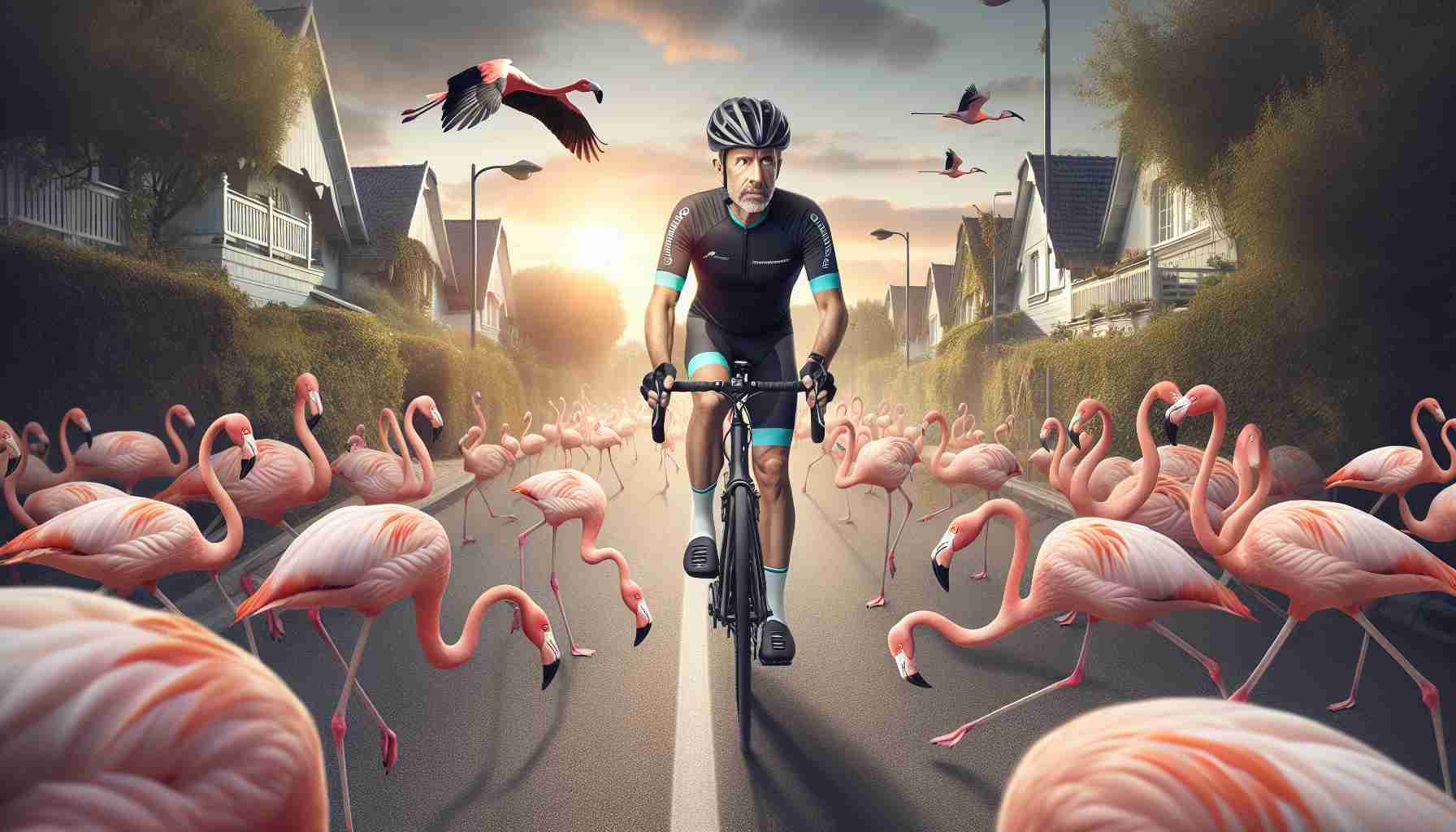 Create a realistic high-definition image depicting an unusual scenario for an experienced cyclist. Show a middle-aged Caucasian male cyclist dressed in professional cycling gear, expertly navigating through a suburban street. Suddenly, a flock of pink flamingos engulfs the pathway, causing a slight stir, but the unfazed cyclist continues his journey with picturesque sunset in the background.