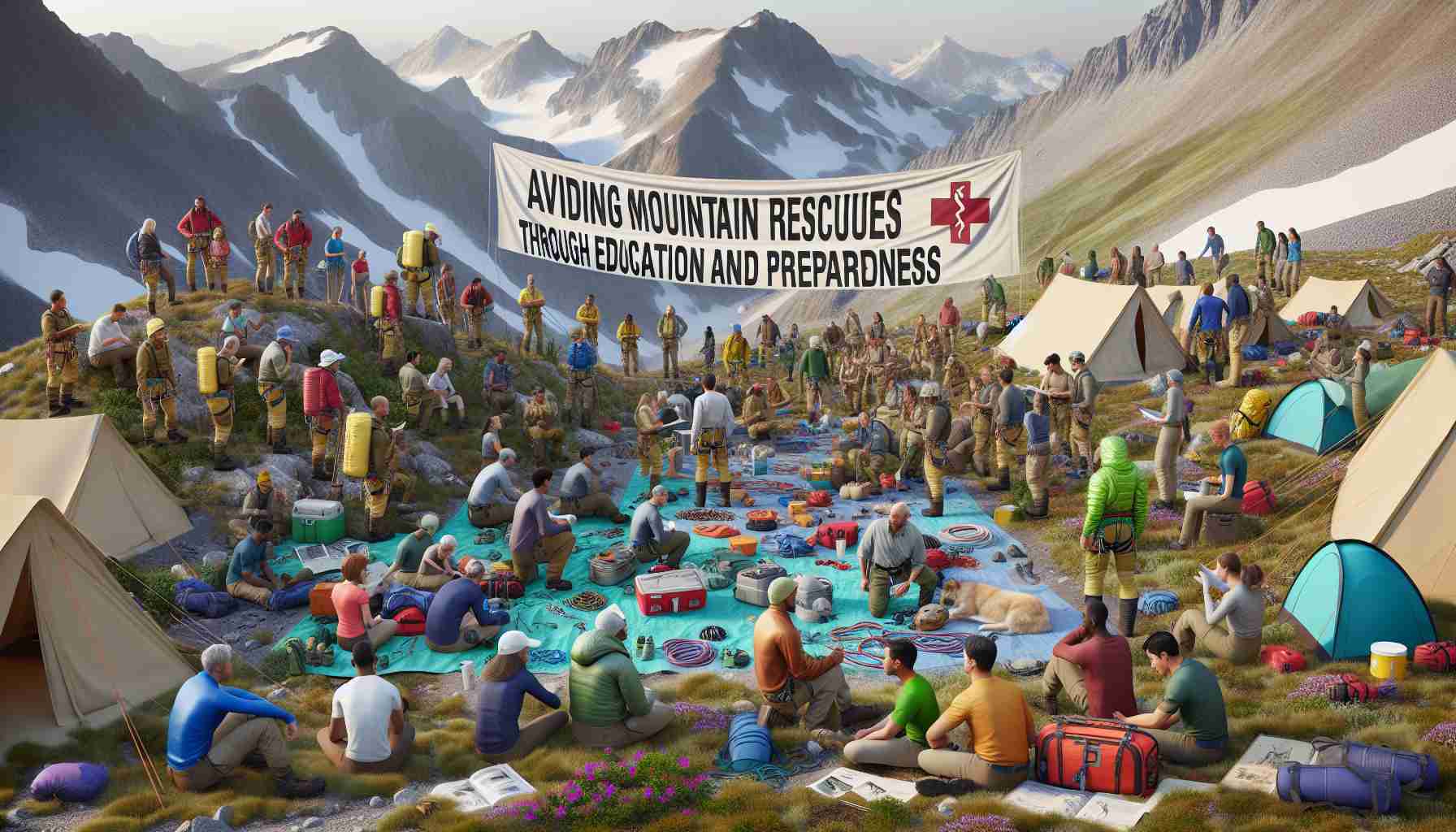 An image that shows a scene portraying the concept of 'Avoiding Mountain Rescues Through Education and Preparedness'. It might consists of a diverse group of climbers, with Caucasian, Hispanic, Black, Middle-Eastern, and South Asian people, varying in genders occupying a mountainside base camp where they seem engaged in safety training. This might involve techniques to deal with mountain hazards, use of climbing gear and first-aid preparation. There are tents, a visible assortment of mountain-hiking equipment and a large banner with the words 'Education and Preparedness' draped from a ridge. The image should be realistic and in high-definition.