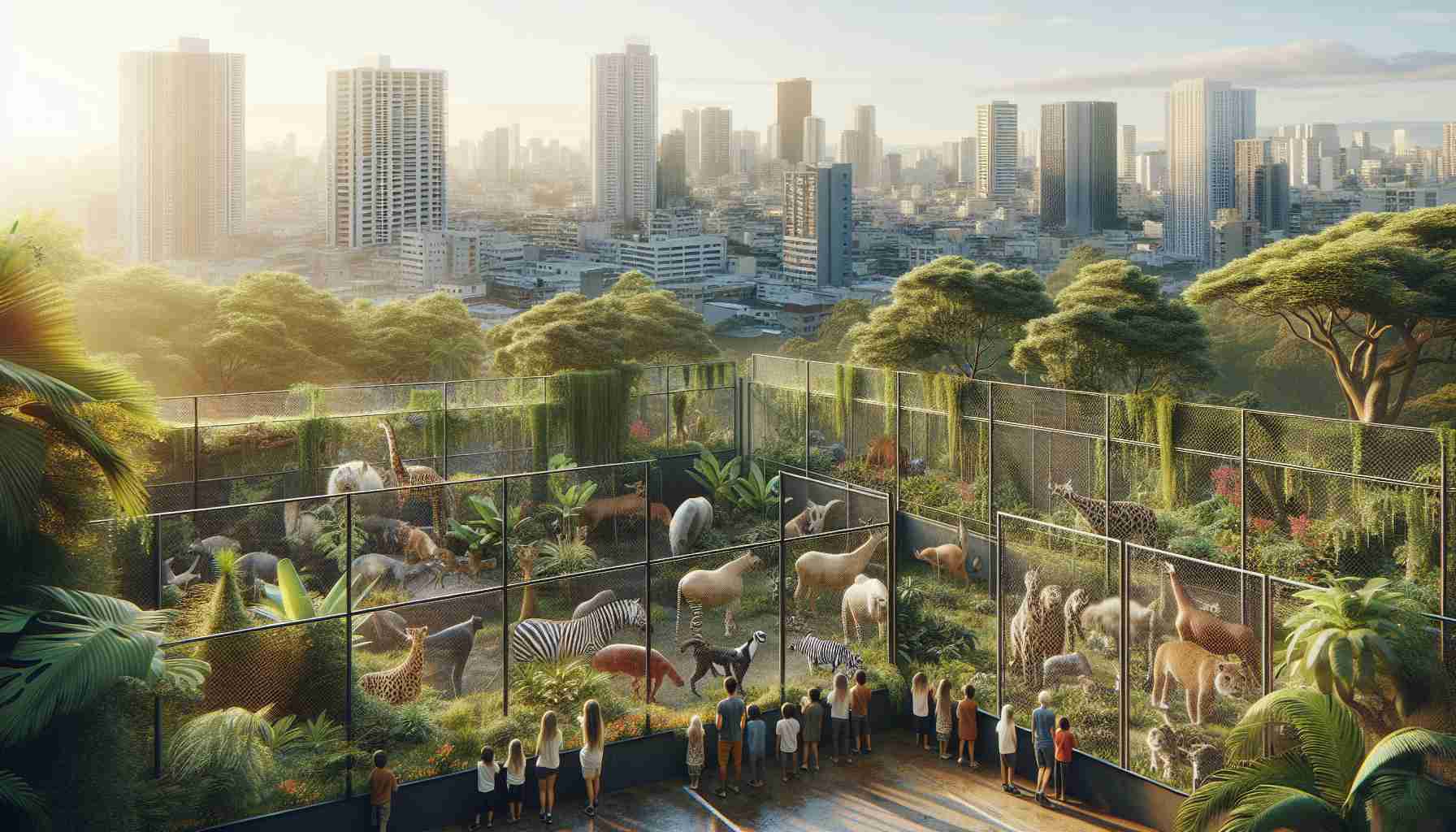 High-definition and realistic imagery of an urban-based exotic animal sanctuary in the heart of Santa Cruz. The sanctuary includes a wide variety of non-domestic unique animals from various parts of the world. These animals are freely residing within safe enclosures that replicates their natural habitats, surrounded by lush plants and trees. The urban jungle is beautifully juxtaposed with modern city buildings in the distance. Key elements to capture include people of mixed descents in awed observation, the rich diversity of animals, the verdant greenery, and cityscape background.