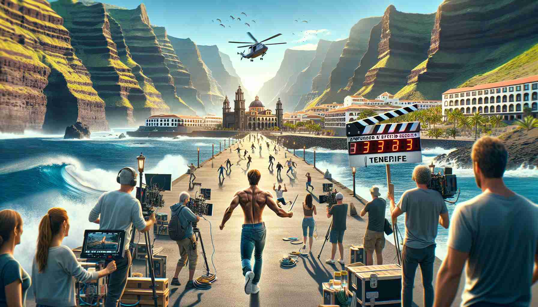 High definition realistic image showing the setting of an award-winning unspecified series returning to filming on location in Tenerife. Illustrate the vibrancy and excitement with crew members setting up the equipment, actors running through their lines, and the stunning backdrop of Tenerife's natural beauty. Include various elements like scenic cliffs, crystal-clear ocean, lush greenery, and iconic architecture that characterize the unique landscapes of Tenerife.