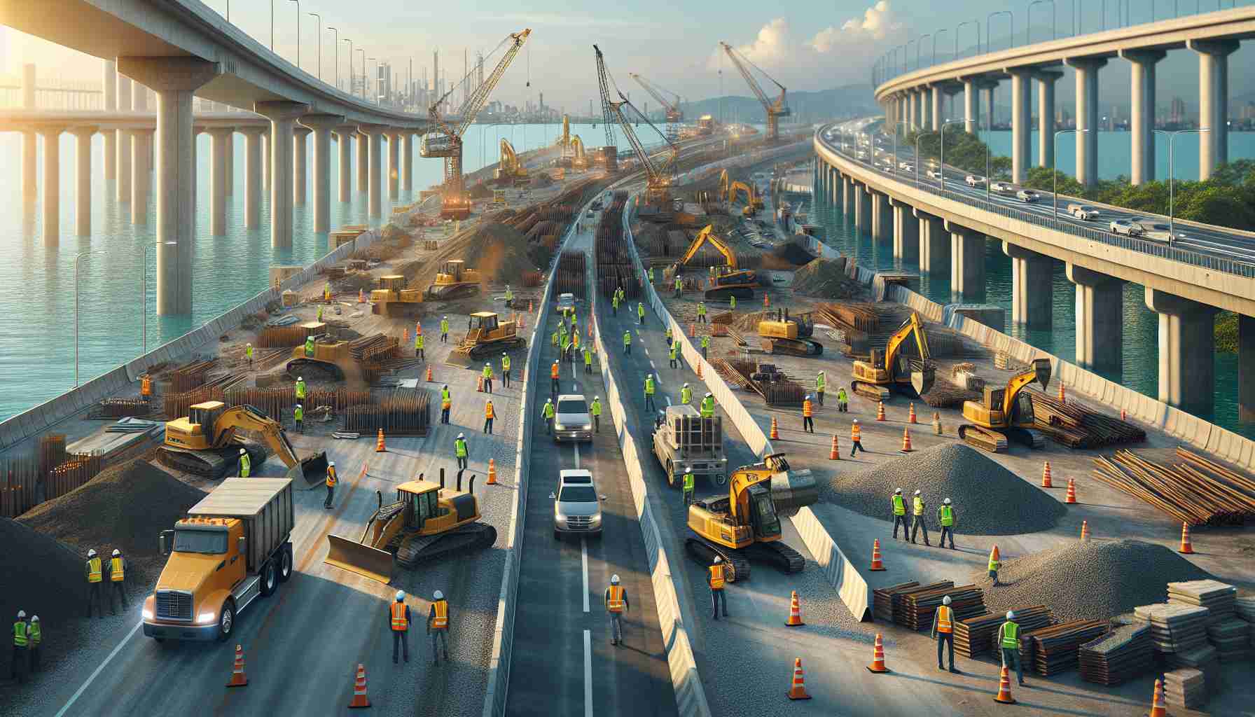 High-definition image of a major construction project commencing on the highways of a large island. The image should have bright, reflective safety vests on the workers indicating it's a formal operation. Heavy machinery such as bulldozers and excavators should be in the background starting the groundwork. Traffic cones and barricades should be seen outlining the designated construction area. Piles of construction material like concrete, gravel, and steel rods should be scattered around the site. The setting should be under bright daylight to highlight the intricate details of the construction scenario.