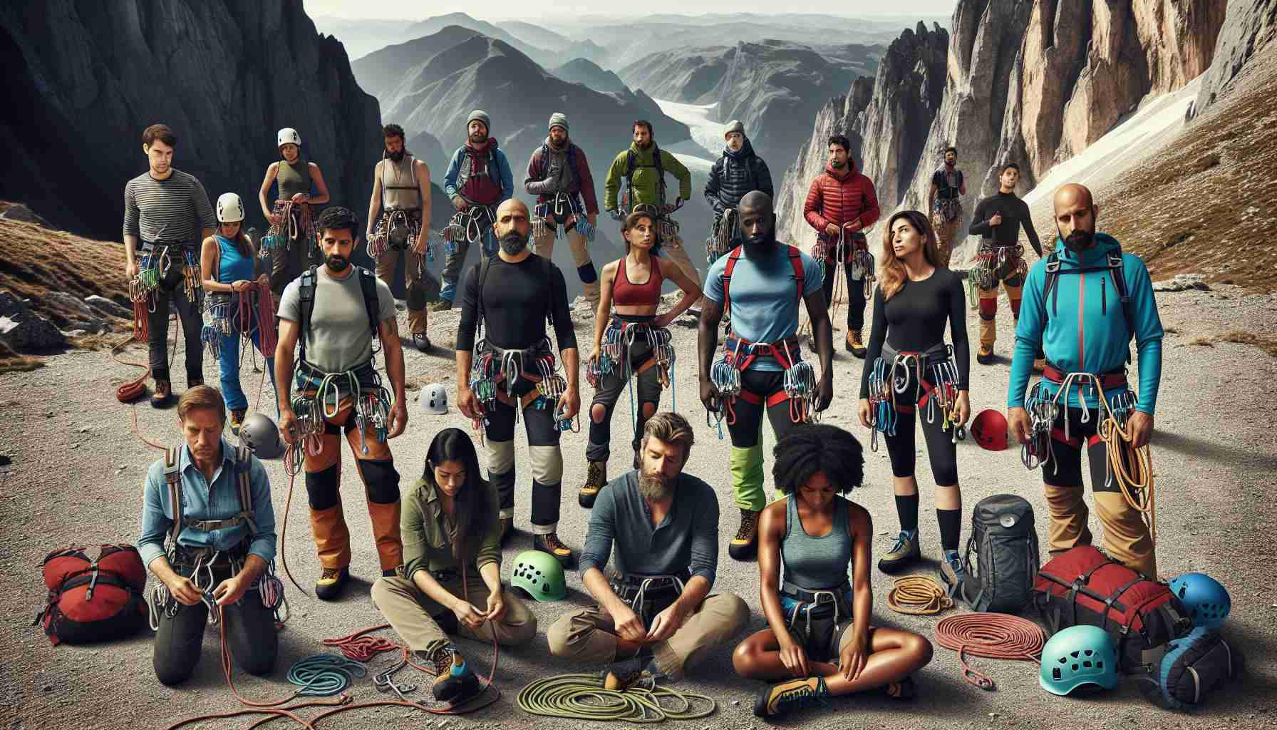 A high-definition photo depicting a group of adventurous spirits, represented by a diverse crowd of male and female mountain climbers. Everyone is equipped with modern climbing gear, creatively illustrating their respect for new regulations and safety measures in mountain climbing. Half of the group, consisting of a Caucasian woman, a Black man, a Hispanic woman, and a South Asian man, are seen preparing their gear on the ground. The other half, including a Middle Eastern man, a White woman, and a Black woman, are already starting their ascent up the steep mountainside.