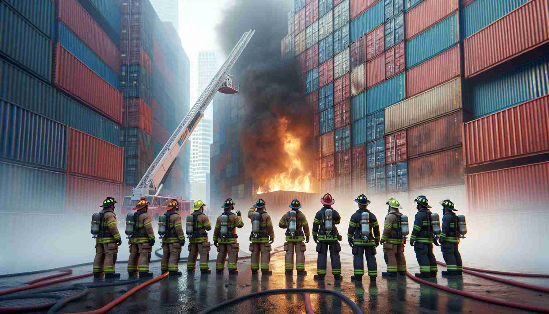 Create an image of a serious situation where a diverse group of firefighters are responding to a fire incident at a shipping container port. This should be a photorealistic image with high definition detail. The scene should include courageous firefighters of various descents such as Caucasian, Hispanic, Black, Middle-Eastern, and South Asian, both male and female, using their firefighting equipment to control the fire. The towering crates of shipping containers should be in the backdrop with one of them being noticeably affected by the fire, emitting smoke and flames. The environment should convey the urgency and intensity of the situation.