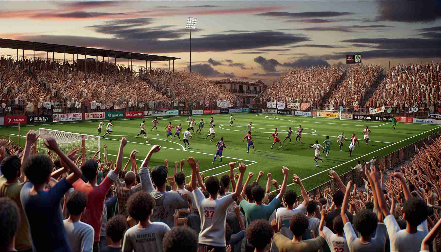 Generate a high-definition, realistic image that represents a charity football match happening in Spain. The scene should capture the vibrant atmosphere filled with a multitude of spectators cheering passionately. The football field is lively with local talent, players of different genders and descents, namely Caucasian, Hispanic, Middle-Eastern, and Black, are showcasing their skills and sportsmanship. The mood is joyous, and the backdrop is the mid-evening sky. The purpose of the match, charitable cause, is signified by banners and signs scattered around the venue.