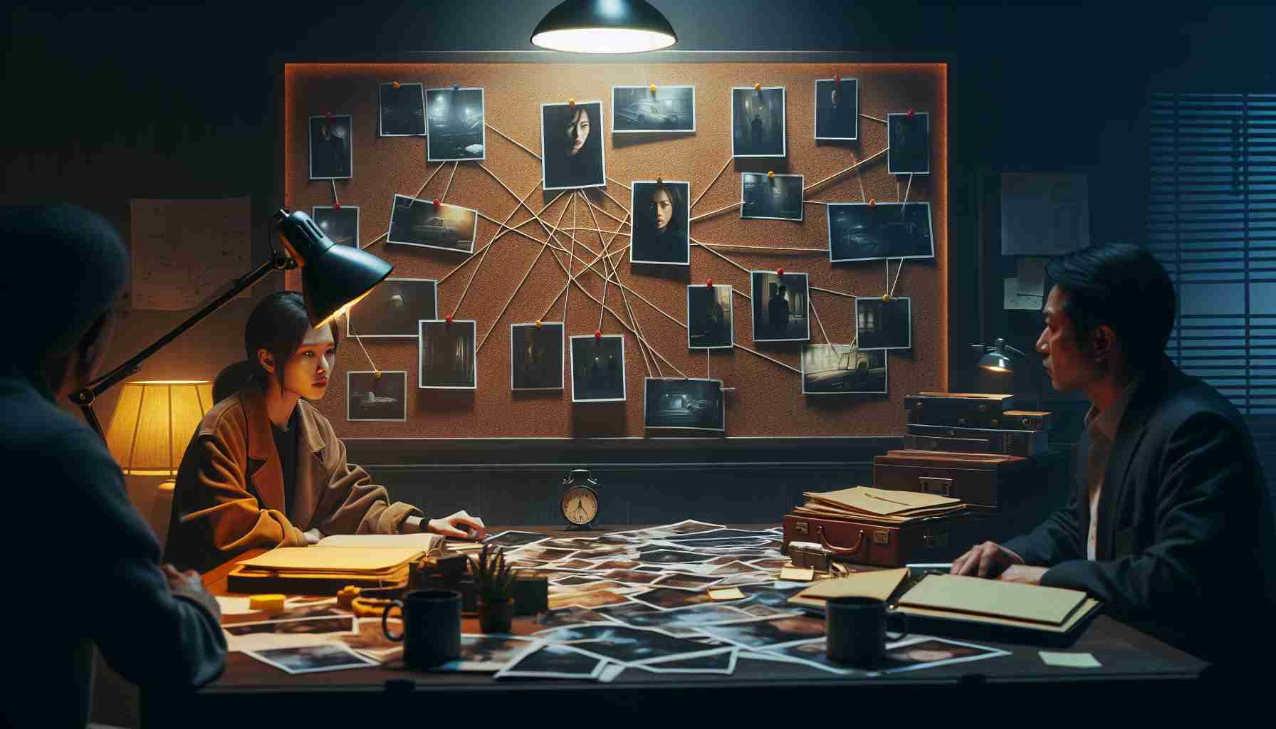 Generate a realistic high-definition image that depicts the scene of an investigation revealing a chilling plot for a murder. The scene includes a dimly lit room with a large cork board festooned with photographs, maps, and notes connected by strings indicating a relationship between the elements. On one of the tables, an open case file reveals disturbing photos and documents. Nearby, a desk lamp illuminates the face of an Asian female detective, deep in thought, as she studies the evidence, while a Middle Eastern male police officer is seen briefing her, his countenance dark with serious intensity.