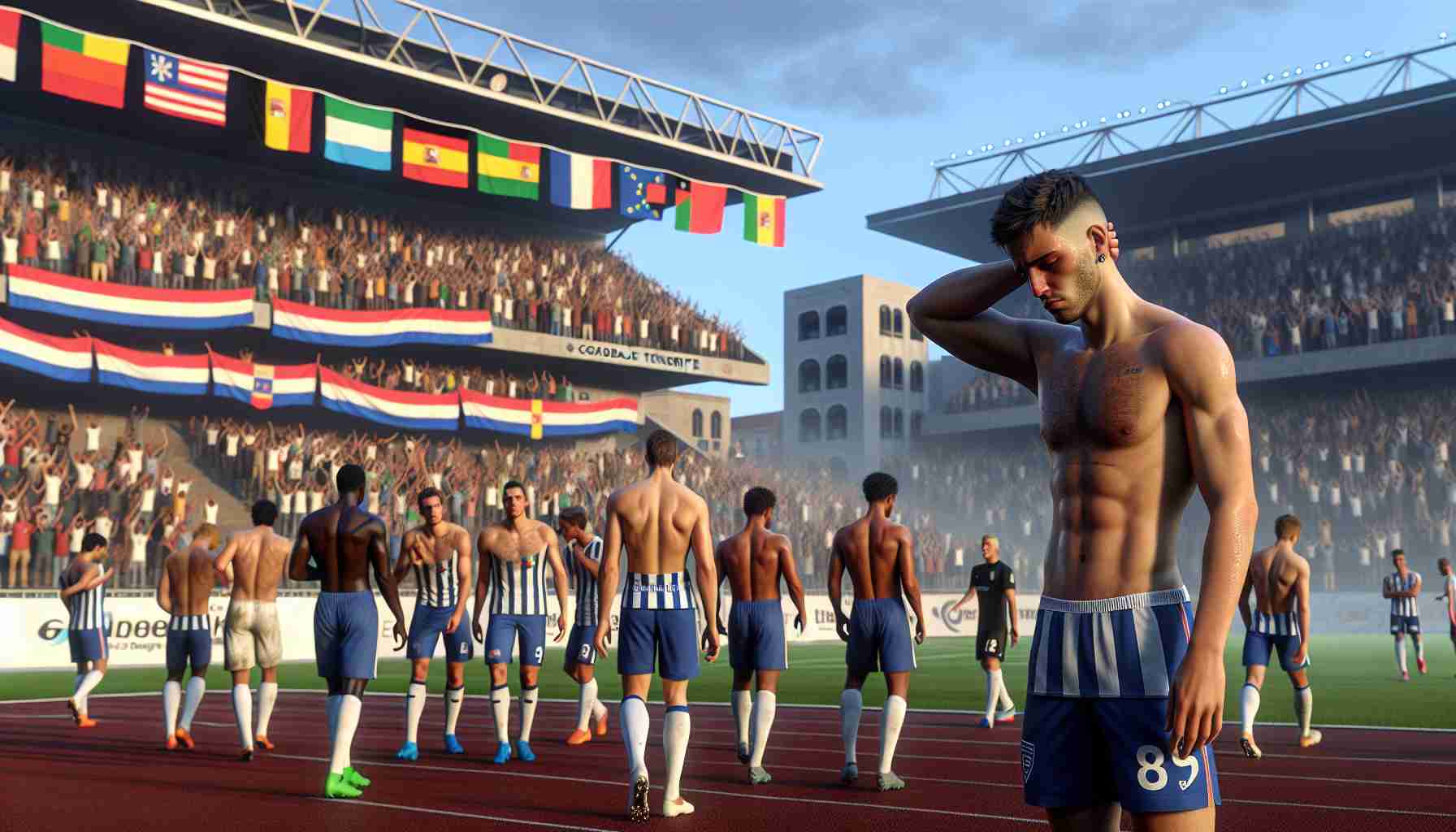 A high-definition, realistic depiction of a disappointing sports event aftermatch. The athletic team looks disheartened following their defeat to Costa Adeje Tenerife on a sunny day. The setting is at a European sports stadium brimming with spectators. Flags of different countries wave in the wind and the Tenerife team is seen celebrating in the background. The athletes making up both teams are a wide mix of descents including Caucasian, Black, Hispanic, Middle-Eastern, and South Asian, showcasing the global nature of the sport.