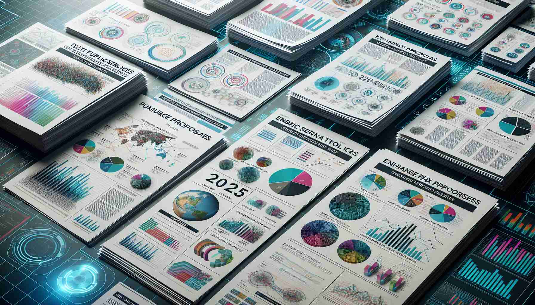 Realistic, high-definition image of a number of proposals laid out on a table to enhance public services and tax policies in 2025. The documents are extensive, colorful, and neatly arranged. Charts, graphs, and technical diagrams that represent the future changes are clearly visible. Some areas of the proposals should focus on healthcare, education, infrastructure, and societal welfare. The time frame is 2025, so the designs should showcase a modern, futuristic tone, including elements of digitalisation and sustainable development.