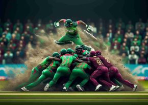 A detailed, high-definition image capturing a moment of intense sports competition where a team, representing Bangladesh in vibrant green, displays immense skill and dominance over their opponents, represented by a team in maroon, symbolizing West Indies. The shot should capture the contrast between the teams, focusing on the battle and athleticism on the display. No specific player is in focus, but the collective effort and unity in the Bangladesh team is emphasized.